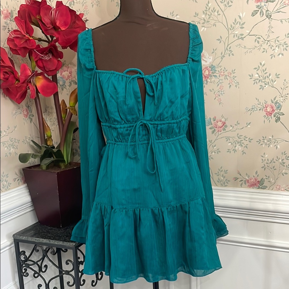 House of Harlow 1960 Teal Long-Sleeve Ruffled Mini Dress